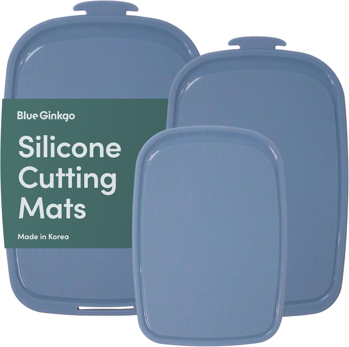 Blue Ginkgo Silicone Cutting Boards – Set of 3 (Small, Medium, Large) – Double-Sided, Thick, Flexible, Non-Slip, BPA Free – Juice Grooves, Dishwasher Safe (Made in Korea, Grey)