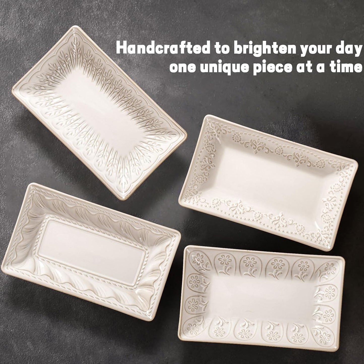 Artena 9.85" Ceramic Rectangle Plates Set of 4 - Deep Lipped Edges, Appetizer Salad Sushi Pasta Dessert Plates, Microwave/Oven Safe, Cute Kitchen Dinner Restaurant Serving Dishes (Wheat Leaf)