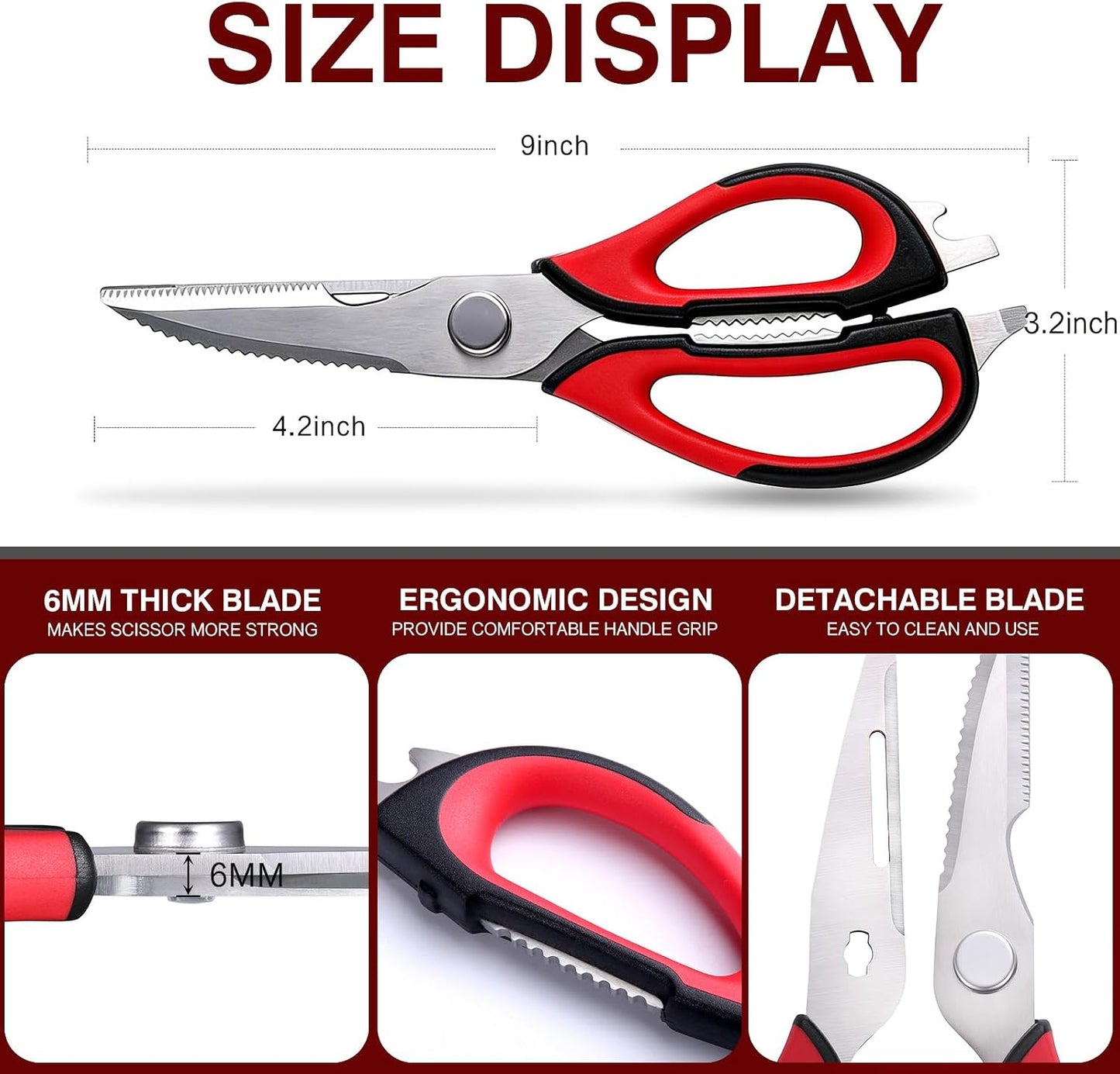 Kitchen Scissors for Food Heavy Duty, All Purpose Kitchen Shears that Come Apart Dishwasher Safe, Sharp Stainless Steel Cooking Scissors for Meat, Poultry, Fish (Grey)