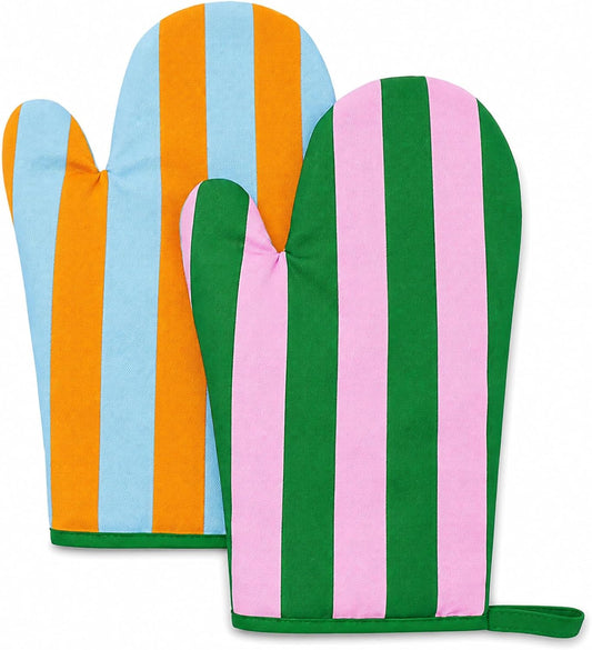 FYSUIMU 2Pack Cabana Stripe Oven Mitt Double-Sided, Pink Blue Orange Green