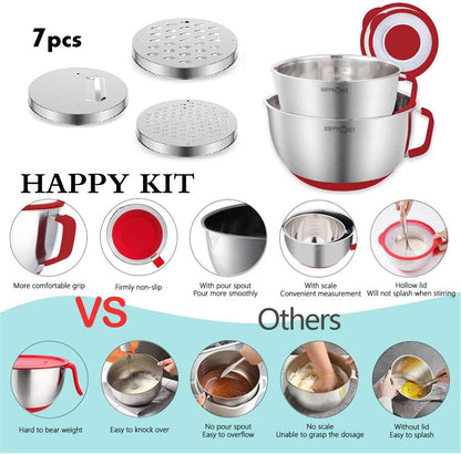 HAPPY KIT 304 Mixing Bowls with Lids Set of 2,Stainless Steel Mixing Bowl with Pour Spout, Non-slip Handle and Bottoms, 3 Grater Attachments, Measurement Marks & Lid, Size 5QT, 3QT(Red)