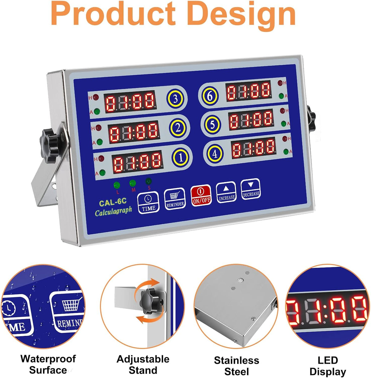 6 Channel Commercial Kitchen Timer Digital Stainless Steel Timer