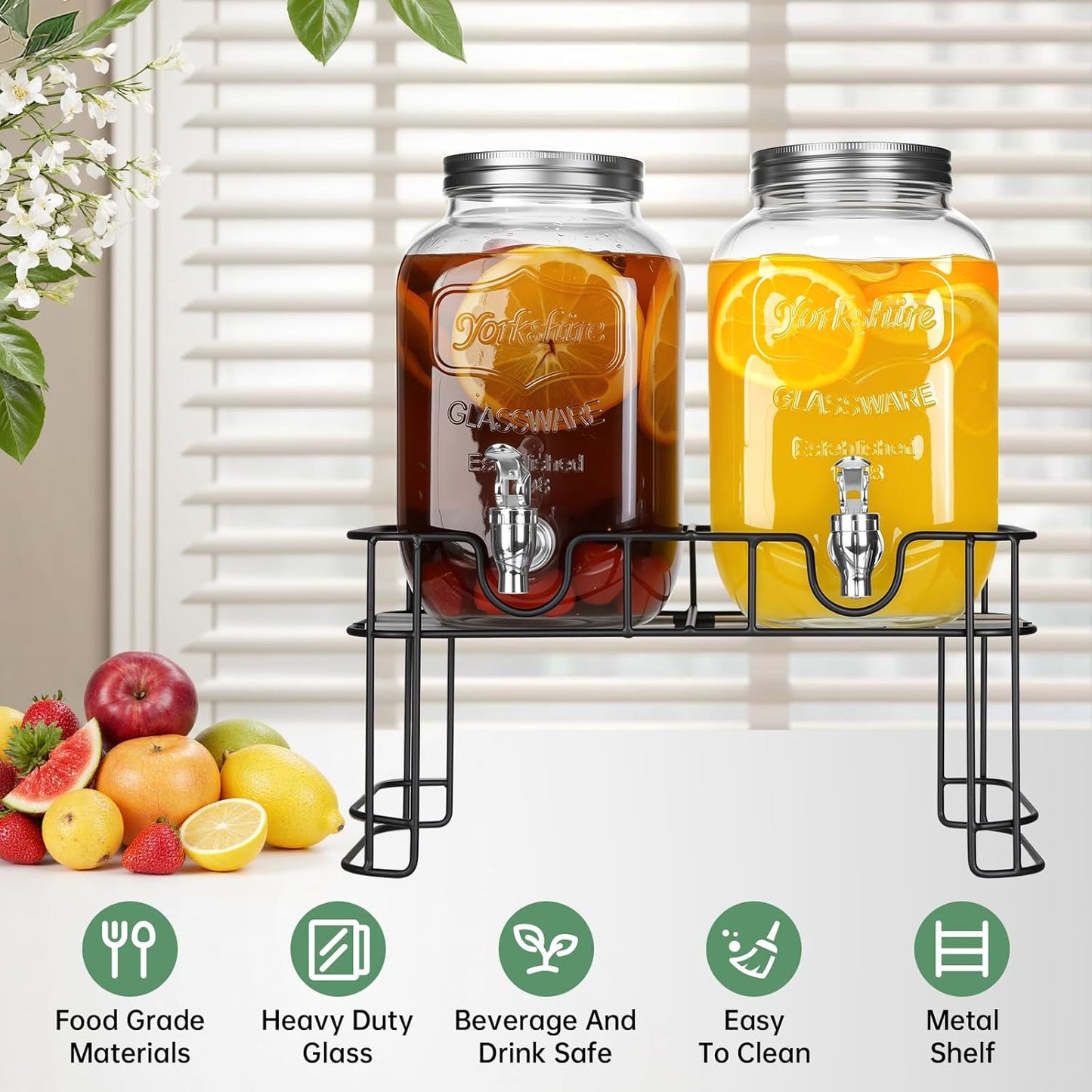 1 Gallon Glass Beverage Dispenser Jars, Ice Juice Dispenser with Leak Proof Faucet and Metal Stand for Parties & Wedding (2 Pack Jars）