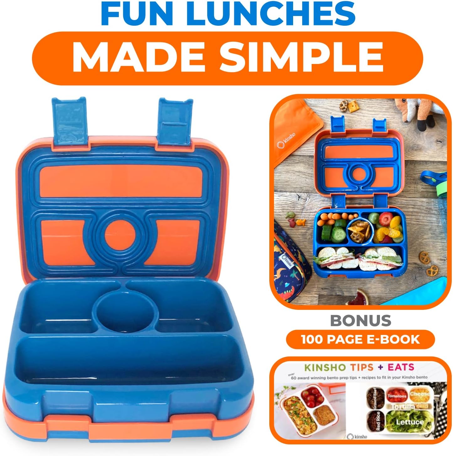 Kids Lunch Box - Bento Box for Boys Toddler Daycare, 4 Portion Sections with Lid, Snack Container Pre-School Kid Lunches Toddlers Removable Tray BPA Free, 3+ Years Old, Blue Rocket Dinosaur