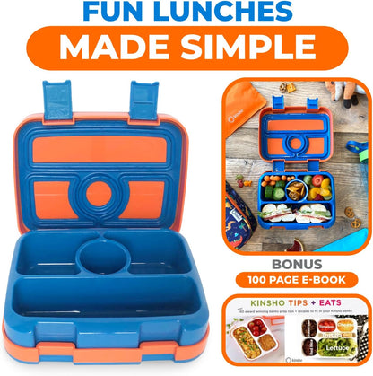 Kids Lunch Box - Bento Box for Boys Toddler Daycare, 4 Portion Sections with Lid, Snack Container Pre-School Kid Lunches Toddlers Removable Tray BPA Free, 3+ Years Old, Blue Rocket Dinosaur