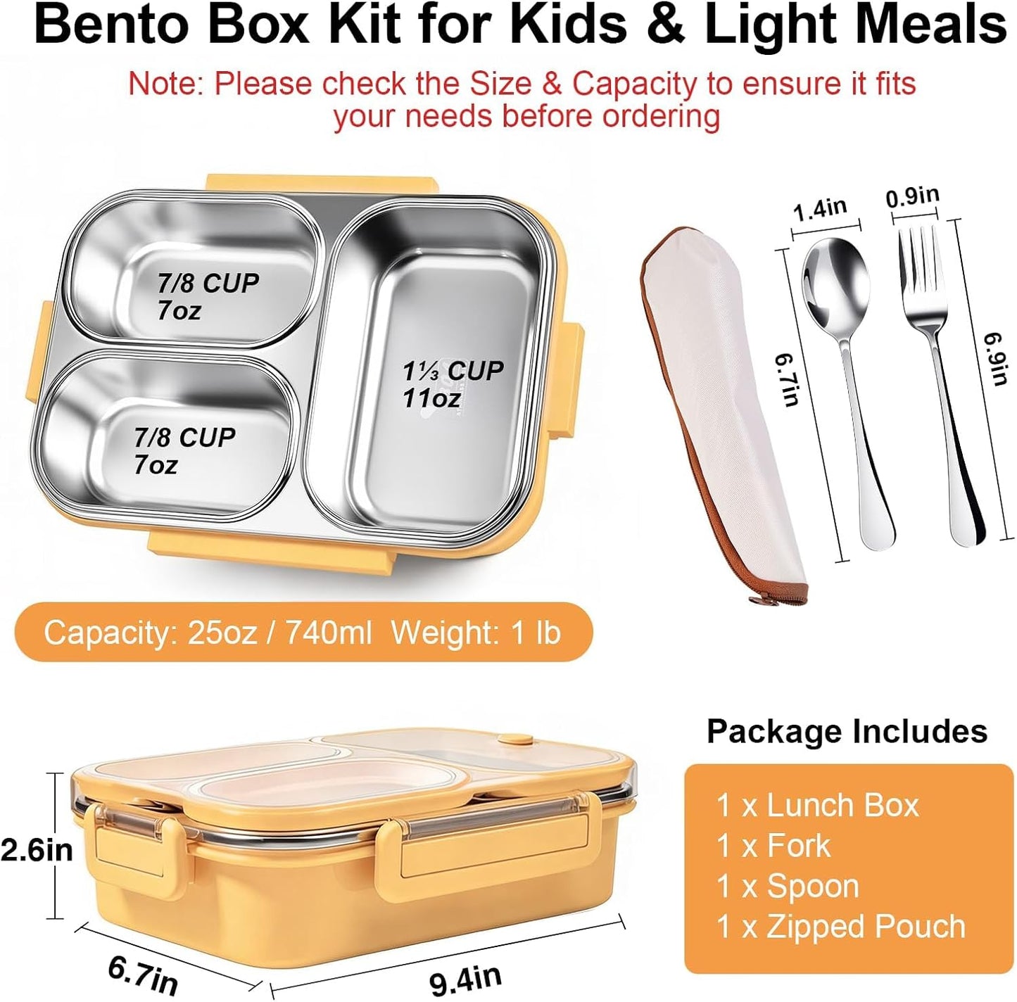 25oz 18/8 Stainless Steel Lunch Box Kit (Bento Box + Fork/Spoon) - 3 Leakproof Compartments - Metal Snack Box for Kids & Adults - School/Office/Travel - Dishwasher Safe (Beige)