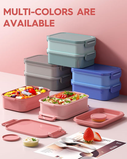 KEMETHY Adults Bento Lunch Box Set with Thermo Bag, 74oz Stackable Leak-proof 3-tiers Bento Box, Built-in Utensil and Sauce Container for Work, School, Dining Out (Gray)