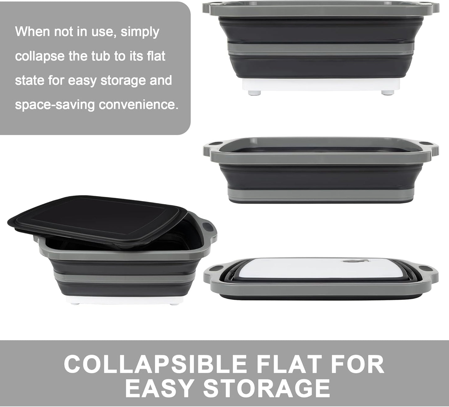 Collapsible Cutting Board with Container, Foldable Camping Sink with Colander, BBQ Prep Tub with Lid, Multifunction Dish Basin for Kitchen, Bowl, Vegetable and Fruit, 2.11 Gal/8L Storage Basket