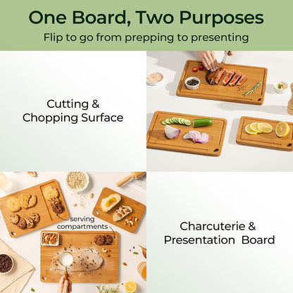 Keechee Wood Cutting Board for Kitchen - Reversible Bamboo Cutting Boards Gift Set of 3 with Juice Groove, Wooden Chopping Board for Meat, Fruit, Vegetables & Cheese (Pre Oiled, Natural)