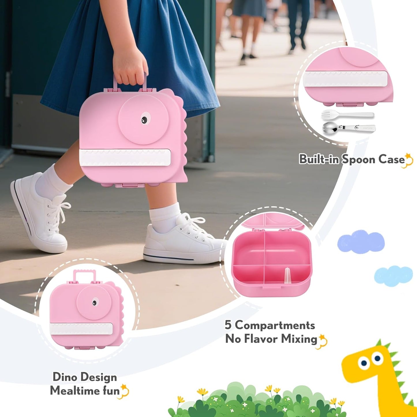 Lunch Box Kids with 5 Compartments, Insulated Food Jar & Utensils, Leak Proof Bento Box with Sauce Container, BPA-Free & Dishwasher Safe, Dinosaur Design(Purple)