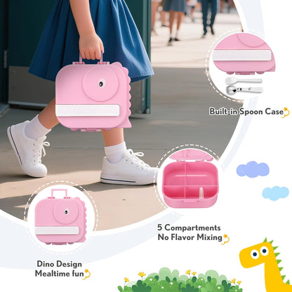Lunch Box Kids with 5 Compartments, Insulated Food Jar & Utensils, Leak Proof Bento Box with Sauce Container, BPA-Free & Dishwasher Safe, Dinosaur Design(Purple)