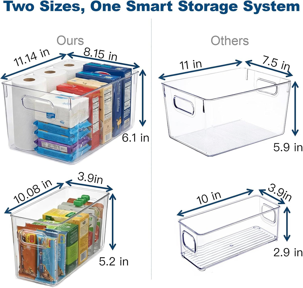 MOONEDGE 4 Pack Clear Plastic Organizer Bins, 2 Large & 2 Small Storage Set | Storage Bins for Pantry, Space-Saving Organizer Containers for Cabinets, Under-Sink, Bathroom, Kitchen, Freezer, Home Storage