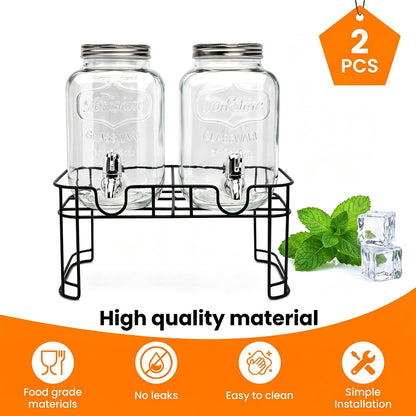 Accguan 1-Gallon Drink Dispenser,Glass Water Dispenser with Tin Lid and Stainless steel faucet,Black Iron Frame,Mason Drink Dispenser for Parties, Picnics, Barbecues and Daily,2 pack