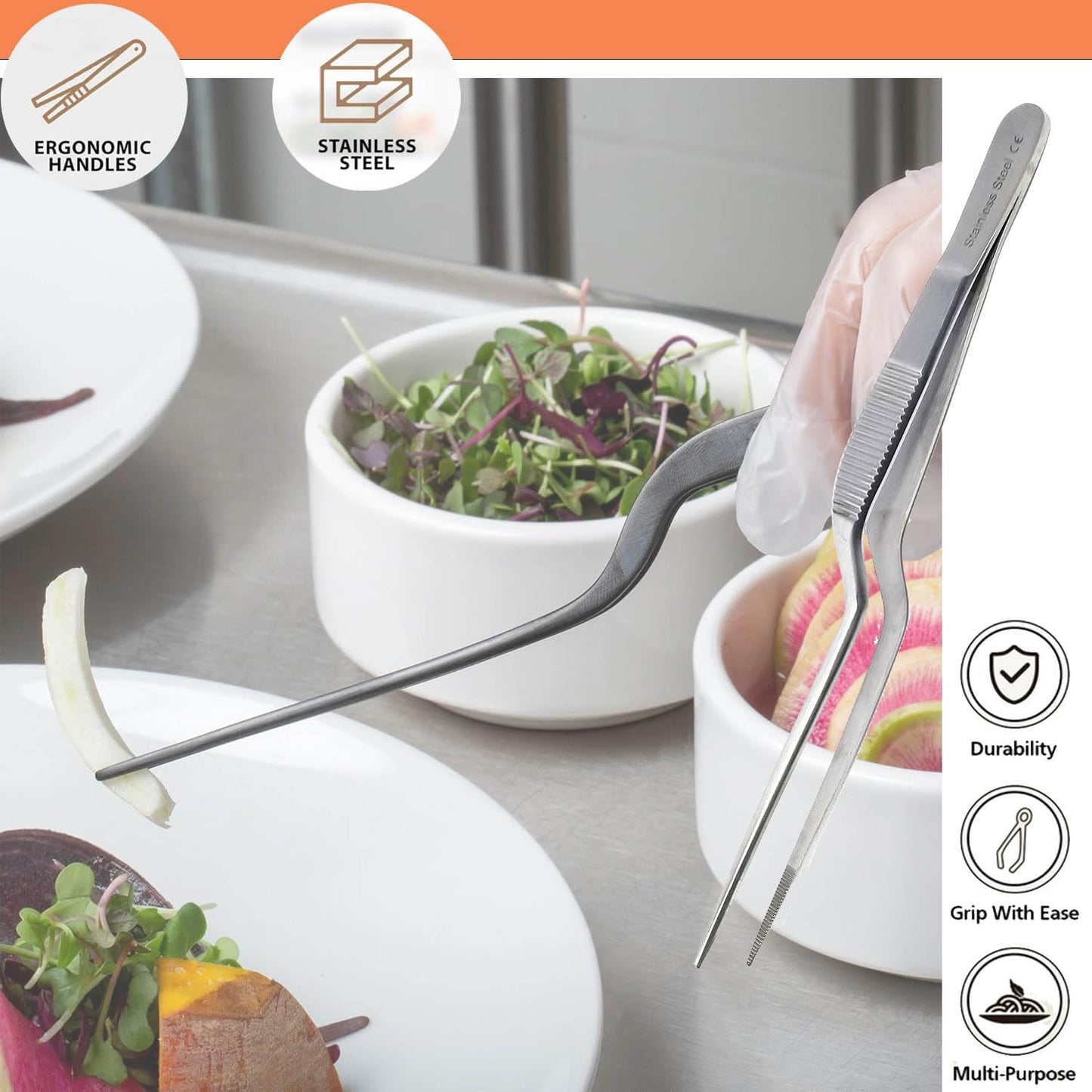 A2Z Offset Kitchen Tweezers, Stainless Steel Precision Tongs For Cooking, Fine Point Serrated Tips Multi-function Cooking Tongs Kitchen Serving Tong, Plates Garnish, Cake Decorating (10 inch)
