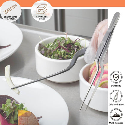 A2Z Offset Kitchen Tweezers, Stainless Steel Precision Tongs For Cooking, Fine Point Serrated Tips Multi-function Cooking Tongs Kitchen Serving Tong, Plates Garnish, Cake Decorating (10 inch)