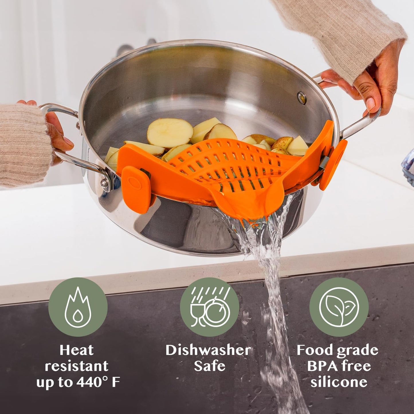 Kitchen Gizmo Snap N' Strain - Silicone Pasta Strainer Clip-On for Pots and Pans - Heat Resistant Colander for Vegetables and Noodles - Kitchen Gadgets for Cooking - Space-Saving Design - Gray