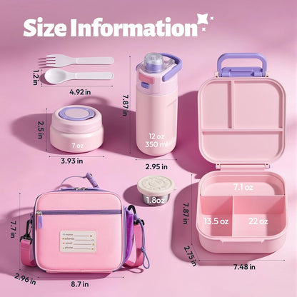 Itslife Bento Box for Kids Set, Insulated Food Container,Kids Lunch Box, 7 oz Thermos for Hot Food, 12 oz Thermos Water Bottle, Reusable Insulated Ice Bag & Fork Spoon Utensils Camping Travel Pink