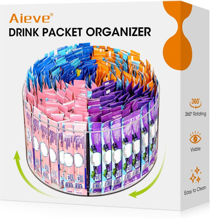AIEVE Extra Large Drink Packet Organizer, 360° Lazy Susan Rotating Turntable for Larger Powder Drink Mix, Hydration Packets Acrylic Pantry Organizers for Kitchen Storage Organization