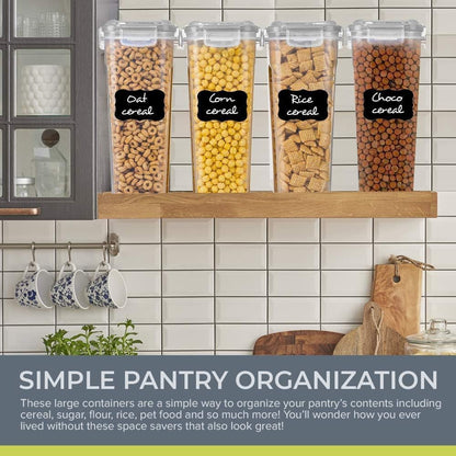 Simply Gourmet Airtight Cereal Containers with Lids – 4 Piece Tall Kitchen Pantry Organization Set, BPA-Free Clear Plastic, Pour Spout Lids for Breakfast Cereal, Rice, Flour, Sugar, Snacks