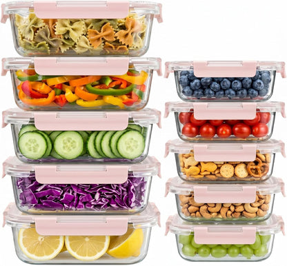 Dealusy 10 Sets (20-Piece) 36 oz & 12 oz Glass Food Storage Containers with lids, Airtight Leak-proof Glass Meal Prep Containers with Lids, Microwave Oven Freezer Dishwasher Safe, Gray