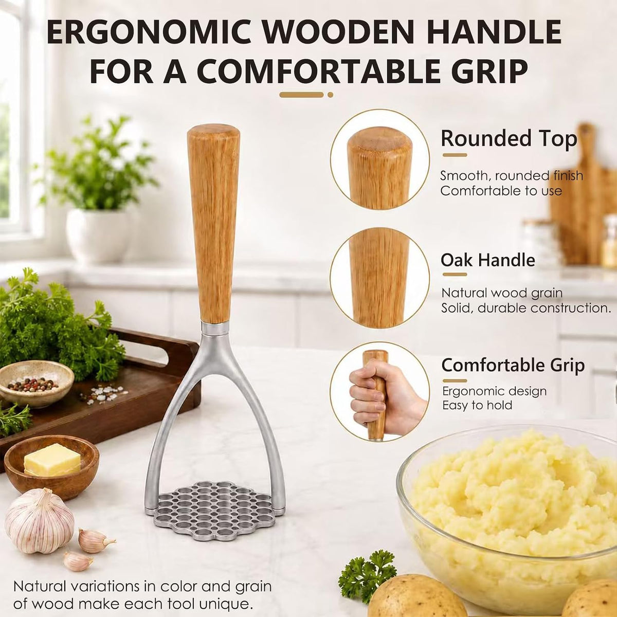 Potato Masher, Aluminum Alloy Food Smasher with Wooden Handle,Potato Press