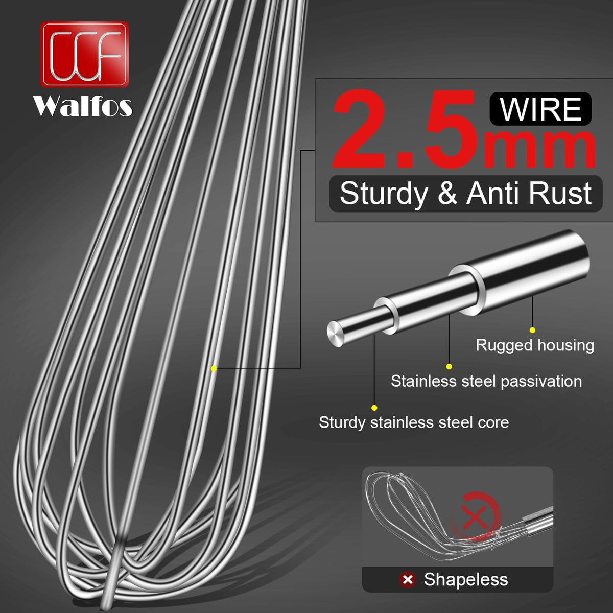 Walfos Whisk,304 Stainless Steel whisk,No-Rust 7+9+11inch Whisks for cooking Nice for Blending,Whisking,Beating.Heat resistant 600°F Dishwasher Safe. Heavy duty kitchen whisk.SILVER