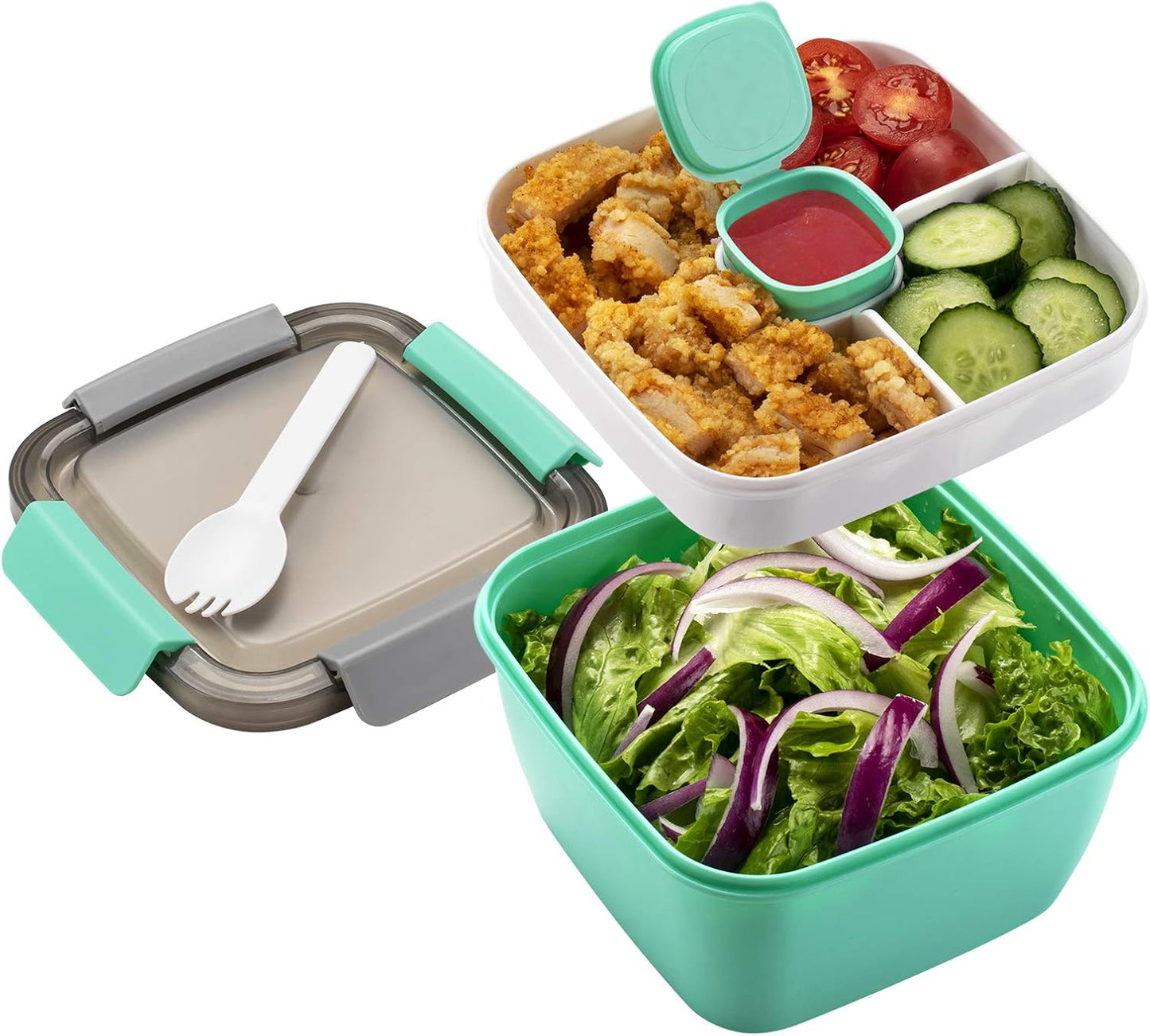 Freshmage Salad Lunch Container To Go, 52-oz Salad Bowls with 3 Compartments, Salad Dressings Container for Salad Toppings, Snacks, Men, Women (Blue)
