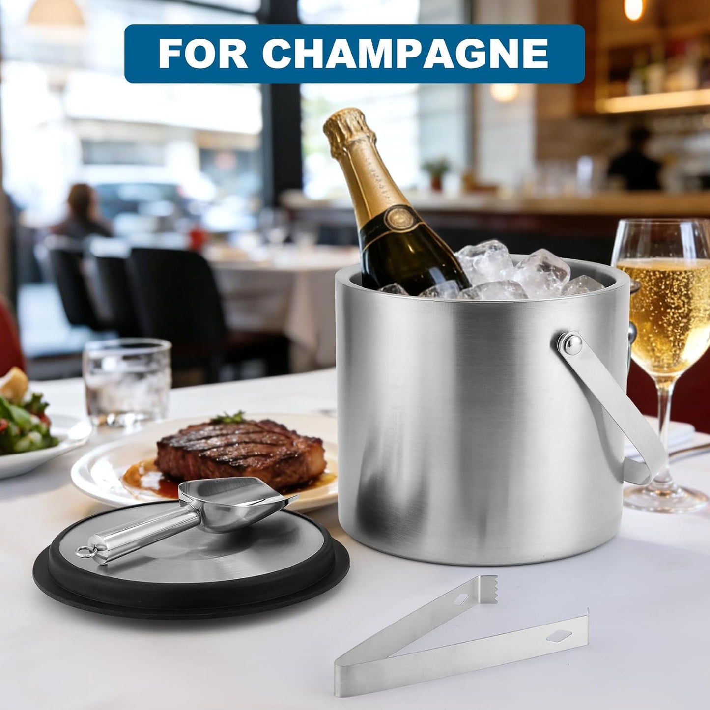4L Stainless Steel Ice Bucket With Lid, Insulated Double-Wall Ice Buckets with Scoop & Tongs for Parties, Portable Ice Container for Chilled Champagne Wine Drink, Ideal for Home/Activities/Bar Freezer