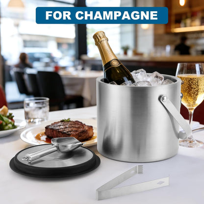 Ice Bucket, 4L Double Wall Insulated Ice Bucket with Lid,Scoop,Tongs- Inner Layer 304 Stainless Steel Ice Container Keep Ice Frozen Longer- Ideal for Cocktail Bar,Parties (4L)