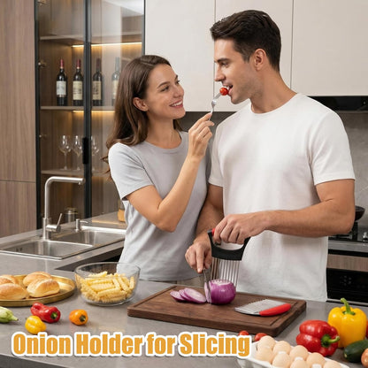 Onion Holder for Slicing – Stainless Steel Onion Cutter Guide for Even Slices, Safe Finger Protection, Vegetable Chopper & French Fry Cutter