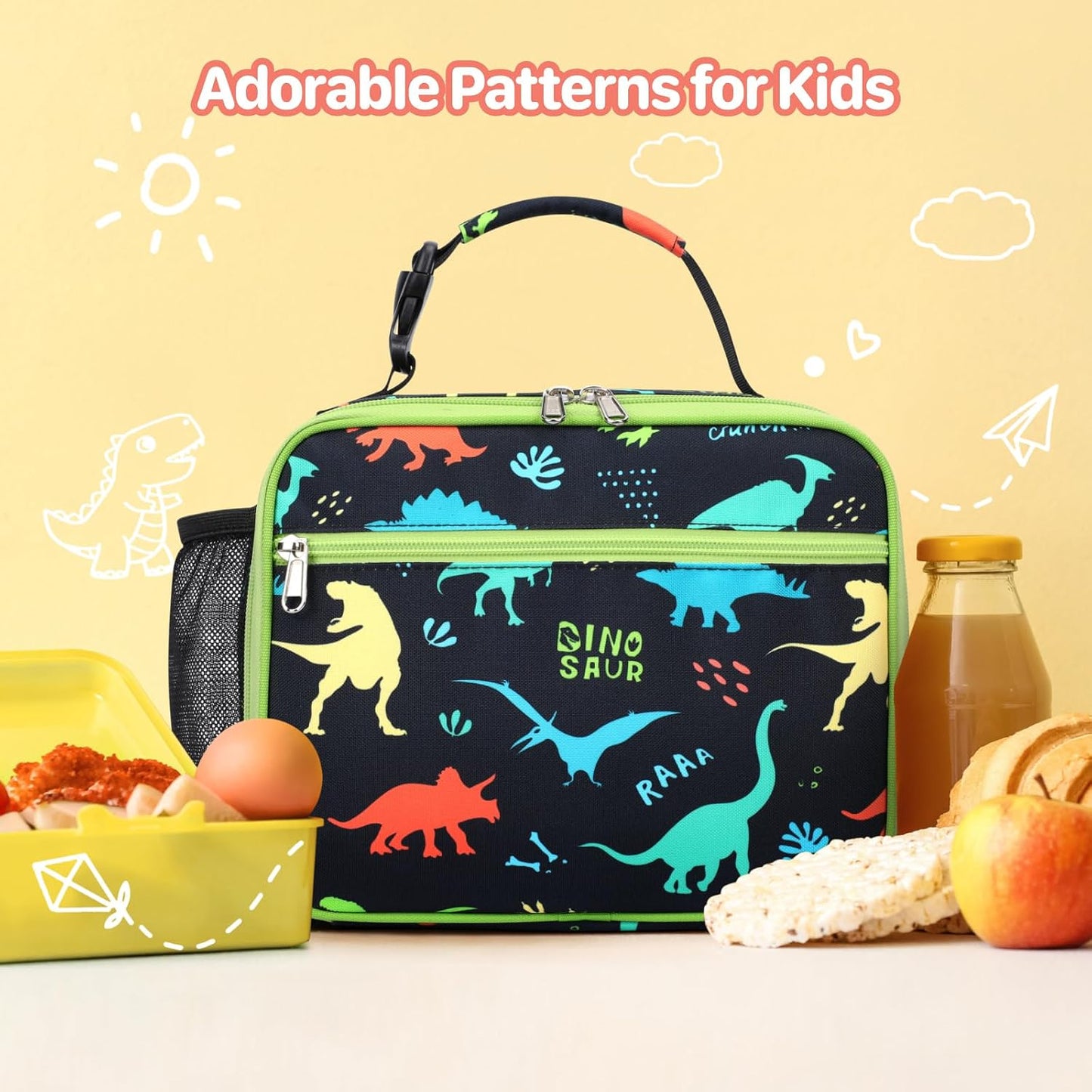 Kids Lunch Bag Boys - Insulated Kids Lunch Box Reusable Lunchbox with Water Bottle Holder Toddler Lunch Tote Bag for School Daycare, Black Dino Fossil