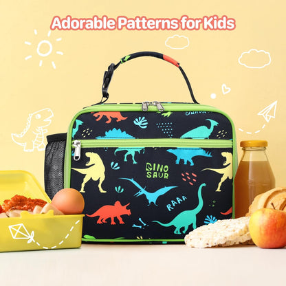 Kids Lunch Bag Boys - Insulated Kids Lunch Box Reusable Lunchbox with Water Bottle Holder Toddler Lunch Tote Bag for School Daycare, Black Dino Fossil