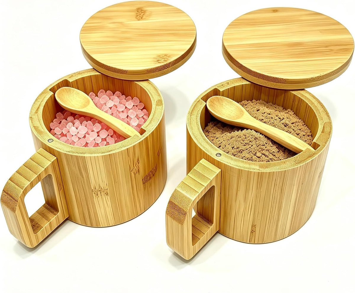 Bamboo Salt Cellar with Handle, 10oz Magnetic Swivel Lid & Spoon