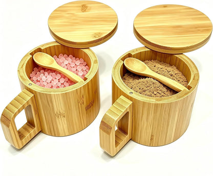 Bamboo Salt Cellar with Handle, 10oz Magnetic Swivel Lid & Spoon
