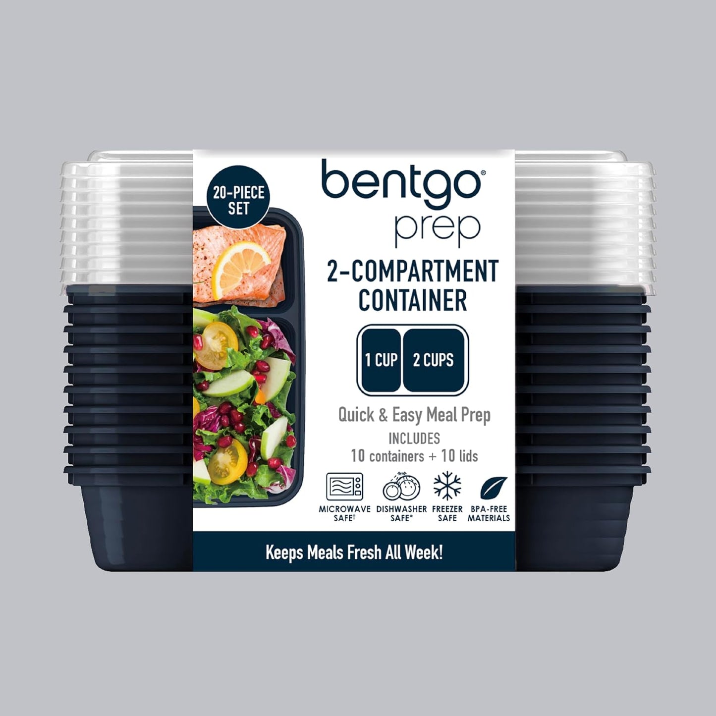 Bentgo Prep - 20-Piece 2-Compartment Reusable Meal Prep Containers with Lids, PFAS & BPA Free Materials, Durable, Microwave, Freezer, & Dishwasher Safe To Go Food Storage (Rose Gold)