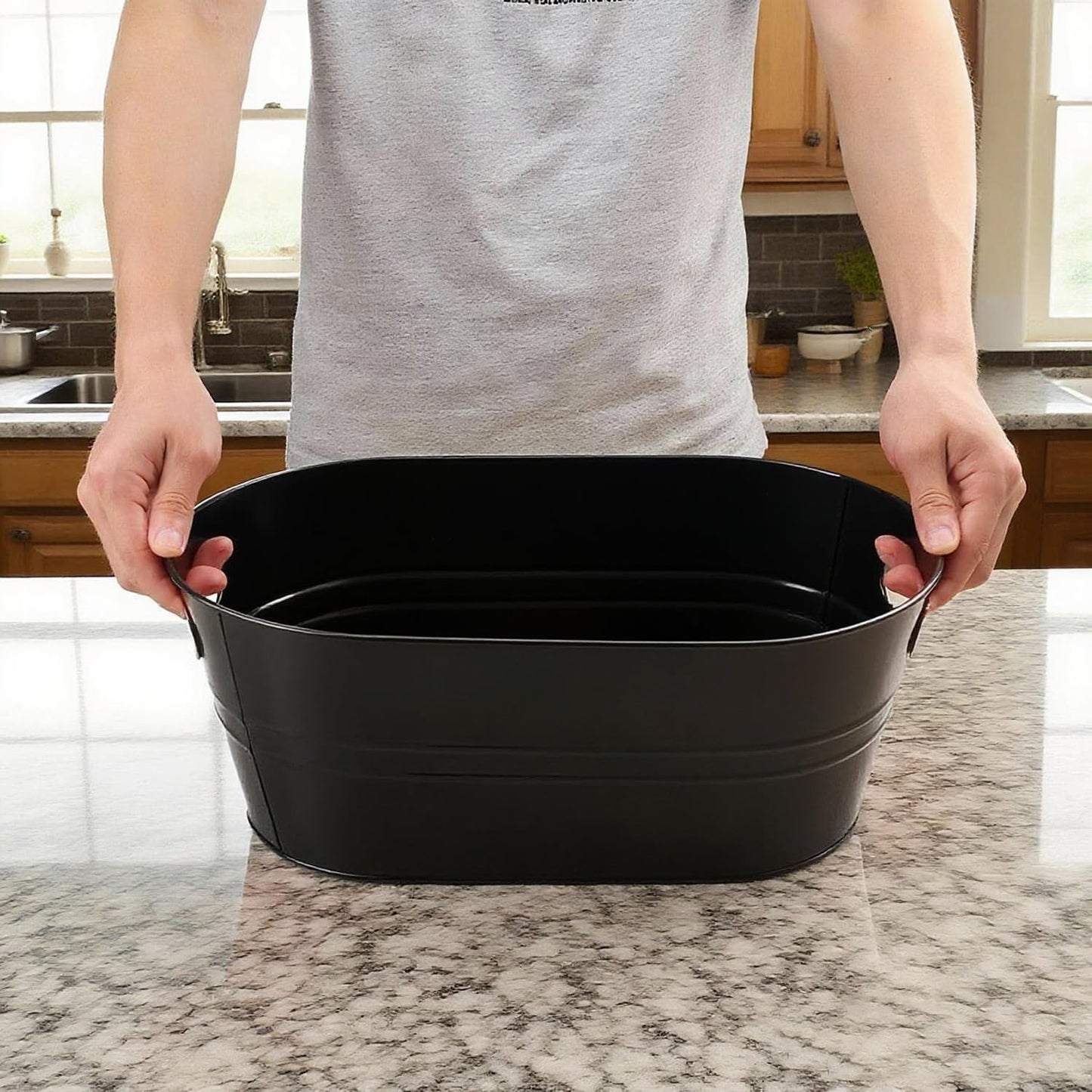 3 PCS 15.3 x 9 x 6 inches Black Metal Galvanized Tub with Handles, 3 Gallon Galvanized Beverage Tubs for Parties, Large Metal Drink Ice Buckets for Beer, Wine, Cocktails & Outdoor Events