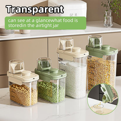 Airtight Rice Storage Container,with Pour Spout & Measuring Cup, BPA-Free - Transparent Dry Food Canister for Cereal, Flour, Pet Food, Oatmeal, Pantry Storage (Light Grass Green, 1600ml)