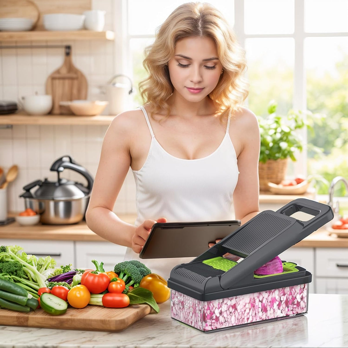 12-in-1 Vegetable Chopper 7 Blades, Veggie Cutter with Handle, Black/White
