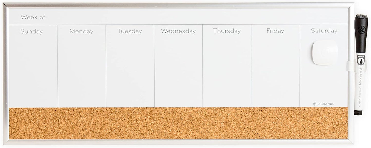 U Brands Magnetic Dry Erase Weekly Calendar White Board With Cork Strip, 18" x 7.5", Silver Aluminum Frame, Includes Magnet, Marker