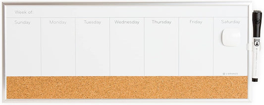 U Brands Magnetic Dry Erase Weekly Calendar White Board With Cork Strip, 18" x 7.5", Silver Aluminum Frame, Includes Magnet, Marker