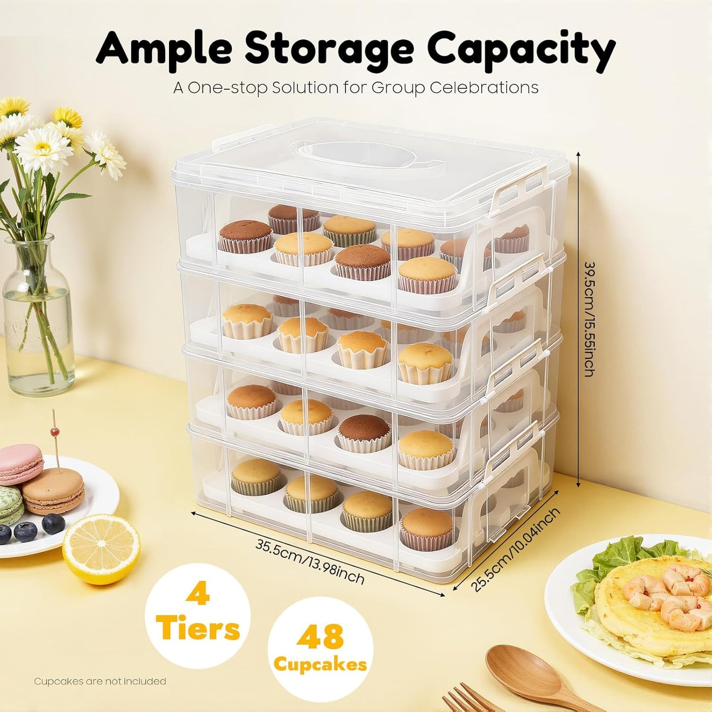 Cupcake Carrier 4-Layer Cupcake Holder, Store up to 48 Cupcakes or Muffins, Stackable Cupcakes Storage Container Collapsible Cake Carrier with Lid and Handle