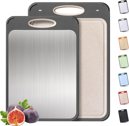 2 Packs Stainless Steel Cutting Board Set, Best Non Toxic Cutting Boards for Kitchen, Double Sided Metal Chopping Board for Meat/Fruit/Vegetables, Food Grade Kitchen Set Gift, [16”×11”+18”×12” Inch]