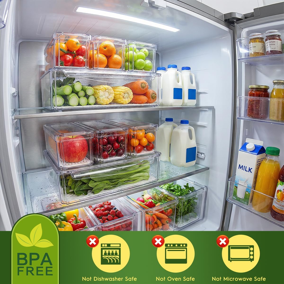 ZIJUND 14 Pack Fridge Organizer, Stackable Refrigerator Organizer Bins with Lids, BPA-Free Fridge Organizers and Storage Containers for Fruit, Vegetable, Food, Drinks, Cereals, Clear