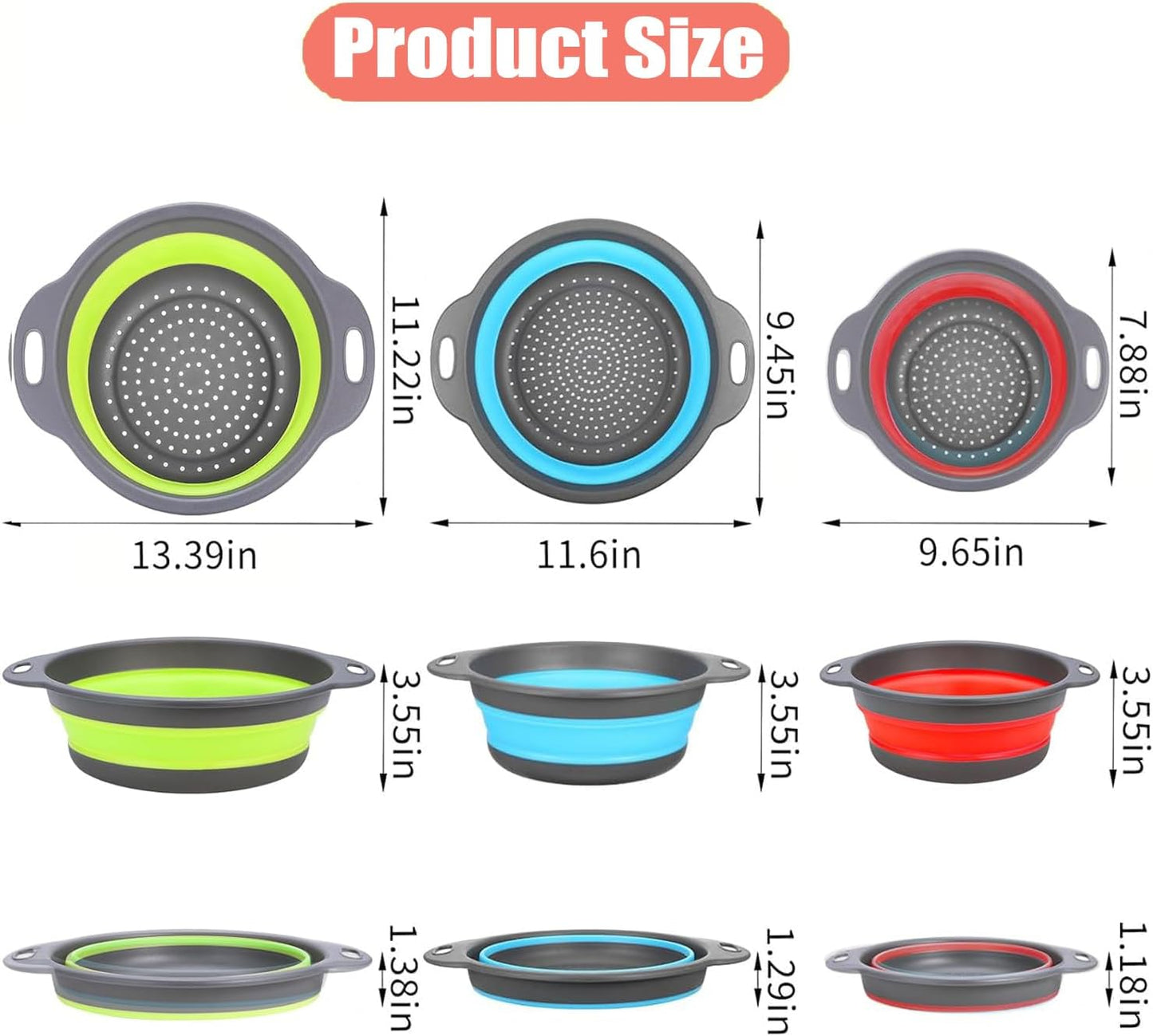 Collapsible Colanders Food Strainers, 3-Pack Foldable Kitchen Strainers with Over-Sink Water Draining Tray, Space Saving Kitchen Drainer for Vegetables, Fruit, Pasta and Rice (White-Gray)
