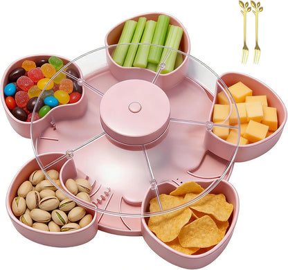Divided Spin and Snack Serving Tray with Lid, Lazy Susan Rotating Sectional Platter for Parties, Movie Nights & RV, Multi-Compartment Charcuterie Board Organizer for Fruit, Nuts, Veggies & Dips (Gray)