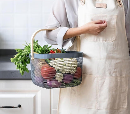 AJIODA Metal Mesh Steel Basket, Storage Organizer Basket Multi-functional Hanging Kitchen Baskets Fruit Basket Bin with Bamboo Handle for Kitchen Bathroom Picnic Shopping Decor Cabinet Home, Blue