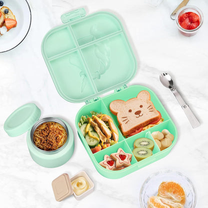Aimsnk Magical Dinosaur Kids Lunch Box Set -12oz Insulated Food Jar, Leakproof Lunch Food Containers Cutlery, Leak-Proof Sauce Cup & Spoon, Gradient Green+Jar Green