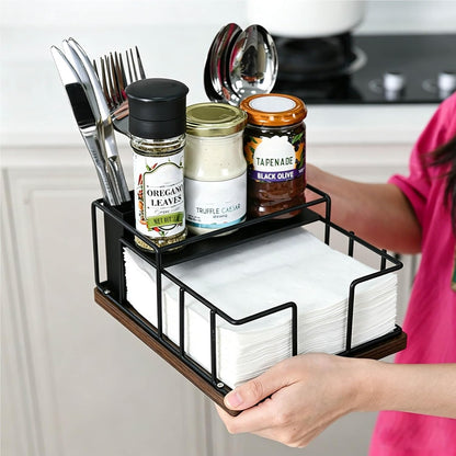 Napkin Holder for Table, Metal Napkin Holder Dispenser with Salt and Pepper Shakers Storage, 3-in-1 Utensil Holder Spice Rack for Kitchen Dining Table Buffet Patio Camping (Black)