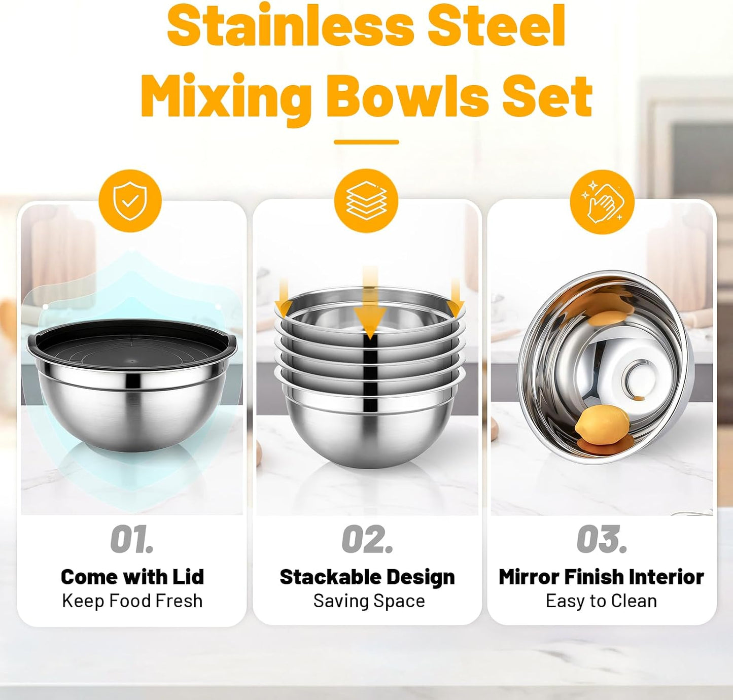 Beasea Stainless Steel Mixing Bowls, 5 Pack 1.5 QT Stackable Nesting Mixing Bowls with Airtight Lids, Metal Bowl with Lid for Baking, Meal Prepping, Salad, Serving, Food Storing