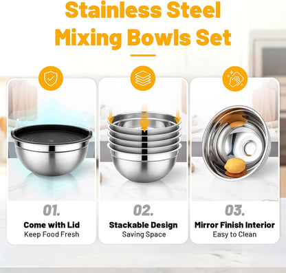 Beasea Stainless Steel Mixing Bowls, 5 Pack 1.5 QT Stackable Nesting Mixing Bowls with Airtight Lids, Metal Bowl with Lid for Baking, Meal Prepping, Salad, Serving, Food Storing